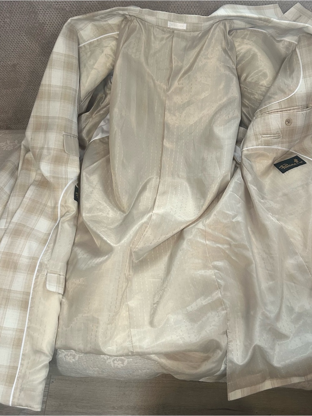 Falcone Superlative 150’s Neutral Plaid Blazer Linen Blend 3-Button Dbl Vent 48L - Picture 5 of 12